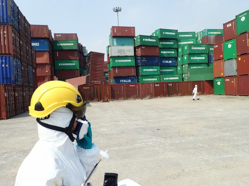 Inage of Jessica Ng onsite in Tianjin conducting contamination assessments after the explosion in 2015