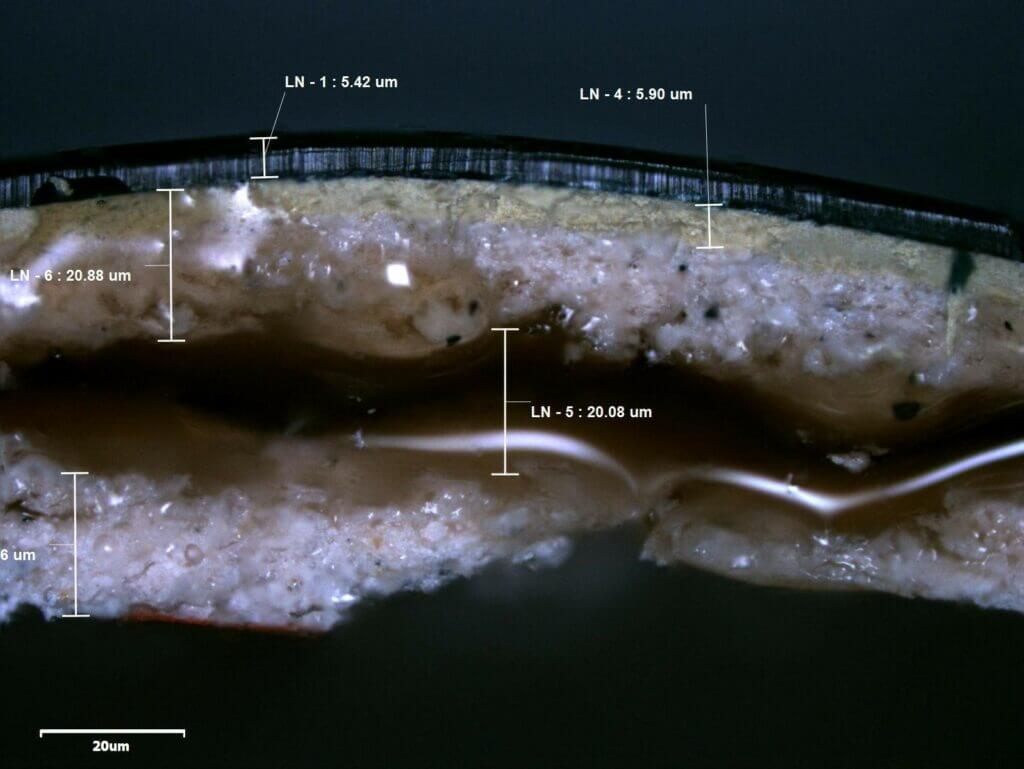 Closer view of the blister in Photograph 1/2. Thicknesses of each layer as marked.