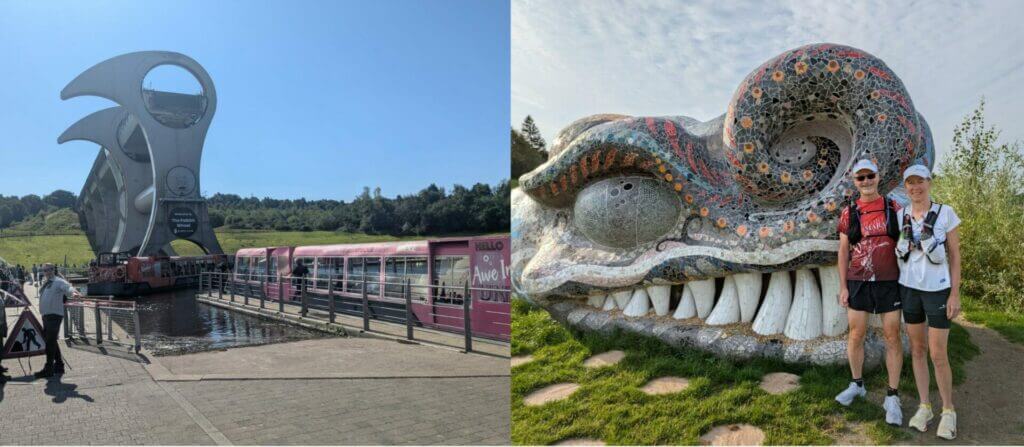 gary and jane on thier marathon standing in front of scottish landmarks
